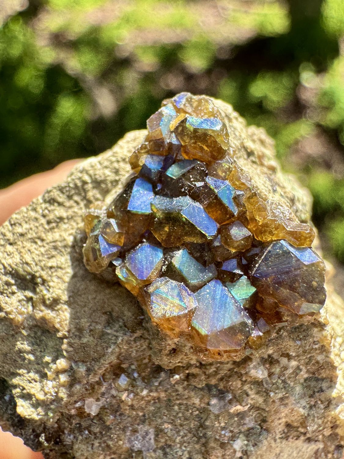 Blue-Purple Rainbow Garnet Cluster on Matrix – San Pedro Mountain, New Mexico – 35mm x 34.4mm x 28mm