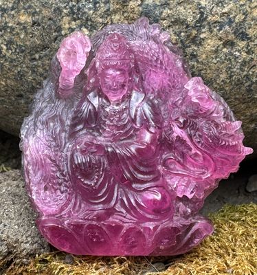 Quan Yin and Dragon Carving in Blue Cap Rubellite from the Queen Mine, Pala, California. Carved by the late Pedro Michel.  250.0 ct | 46mm x 45mm x 15mm