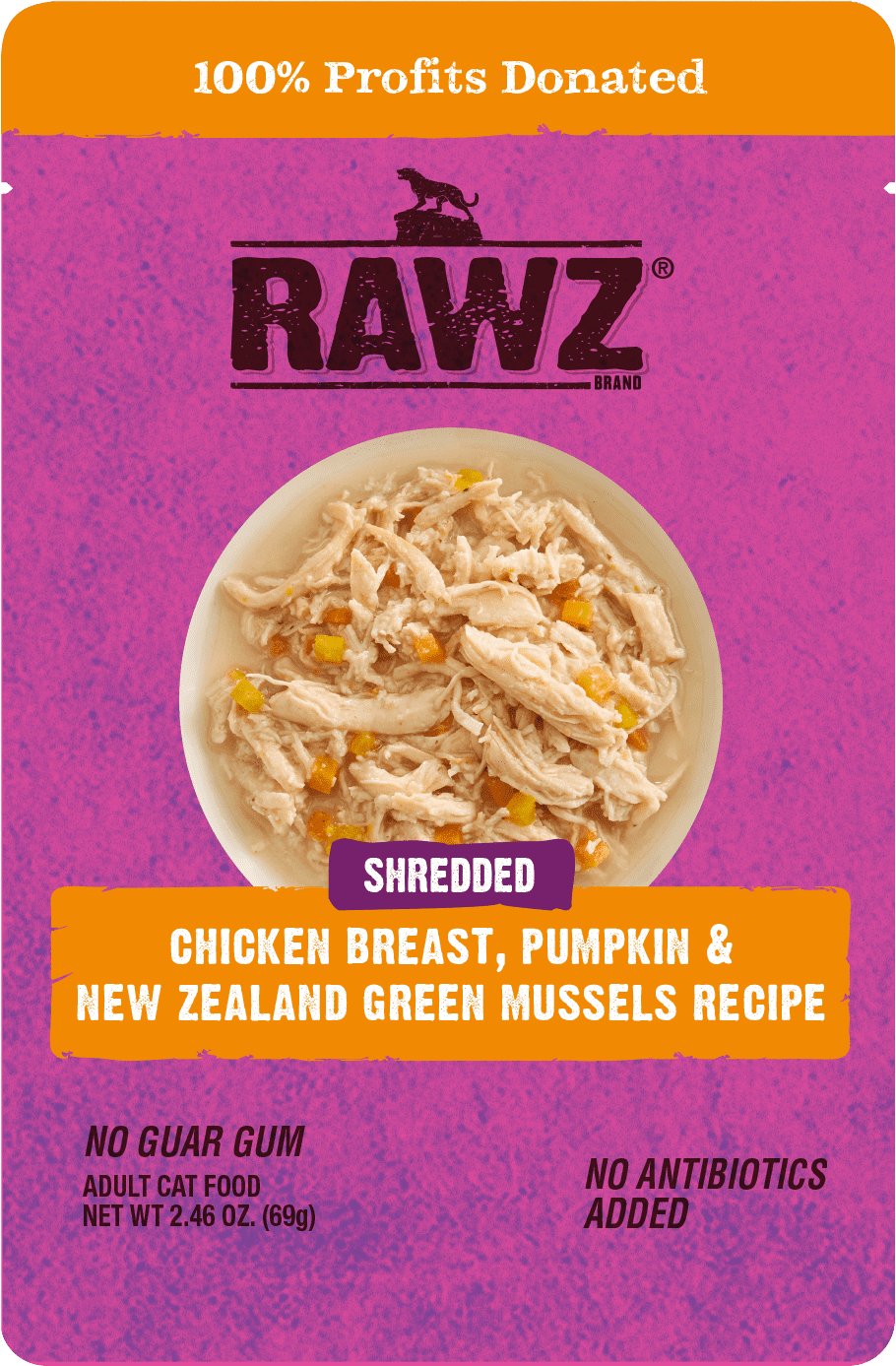 Rawz Cat Pouches Shredded Chicken Breast, Pumpkin &amp; Green Mussels 2.46oz
