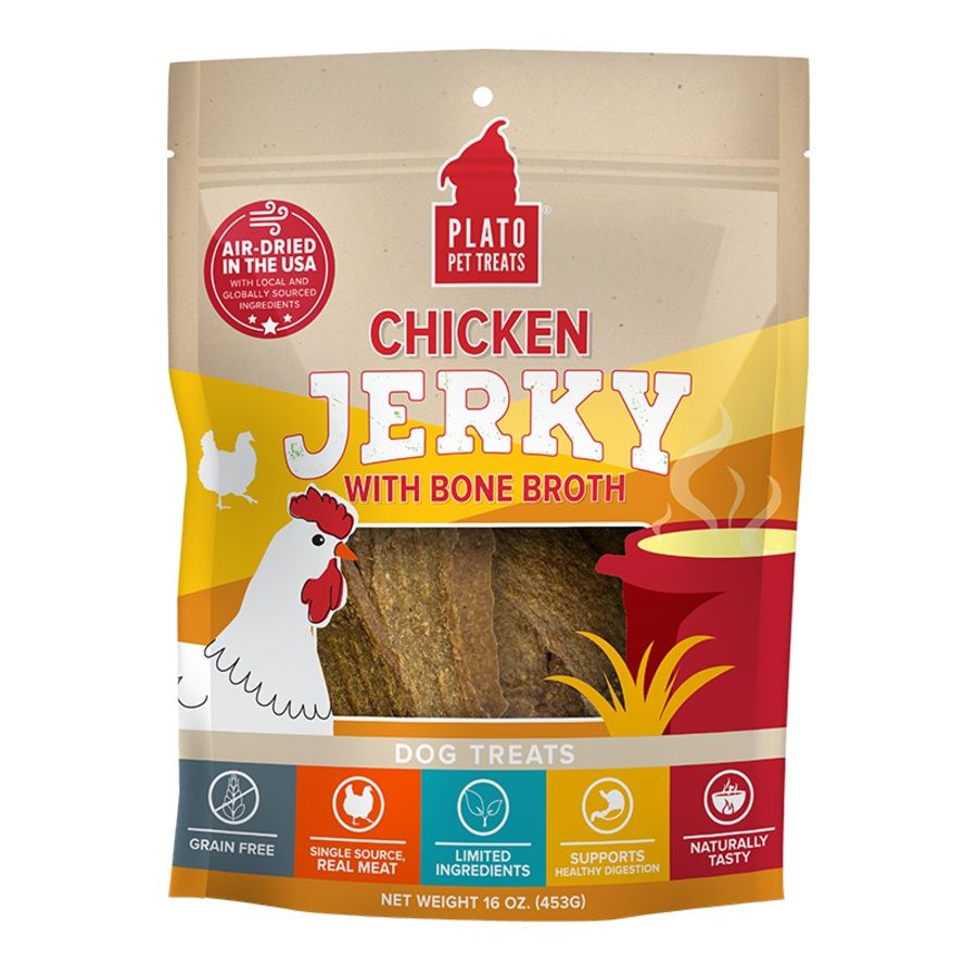 Plato Pet Treats Dog Jerky Chicken &amp; Bone Broth 16oz