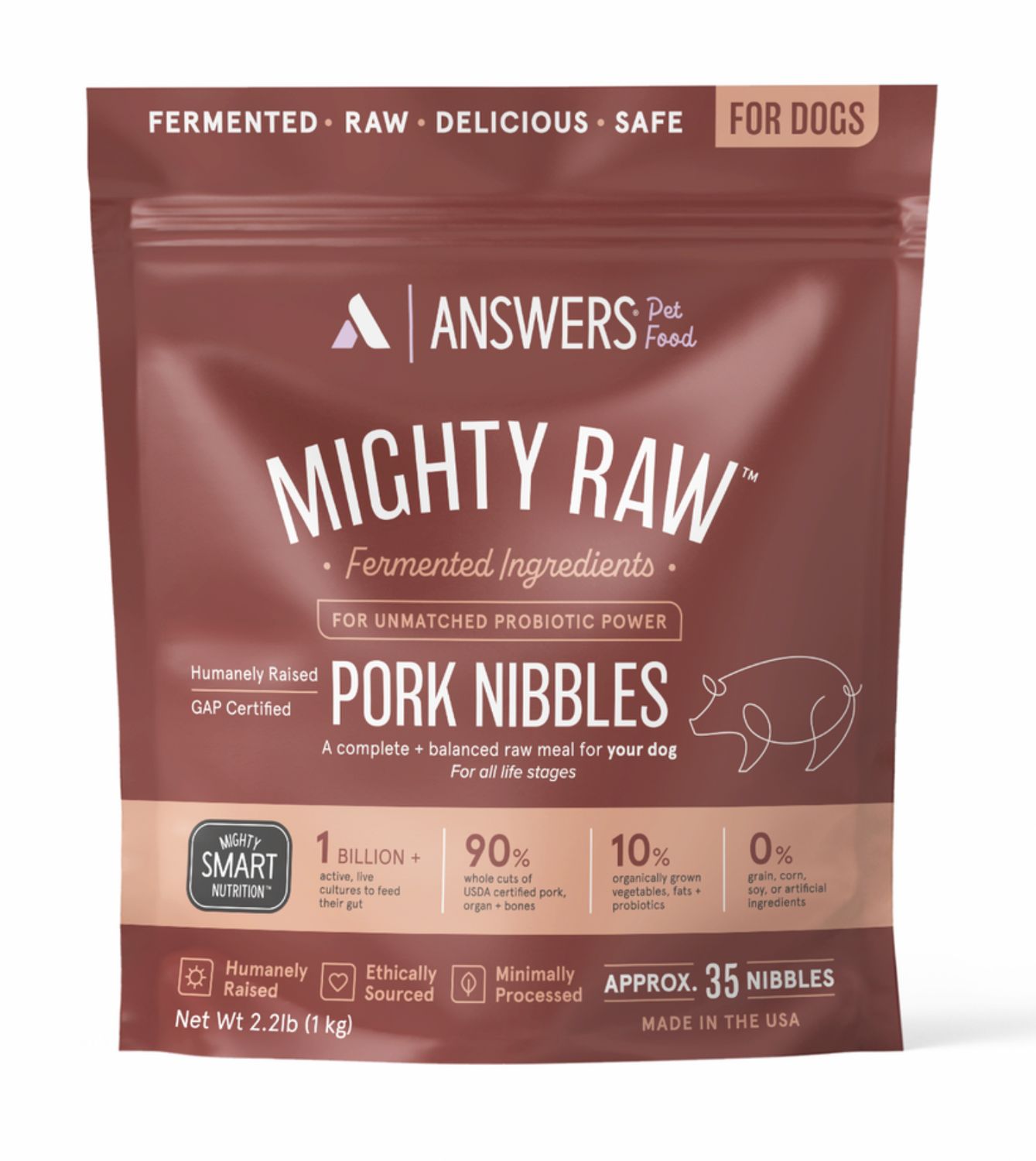 Answers Dog Frozen Raw Pork, Size: 2.2lb Nibbles