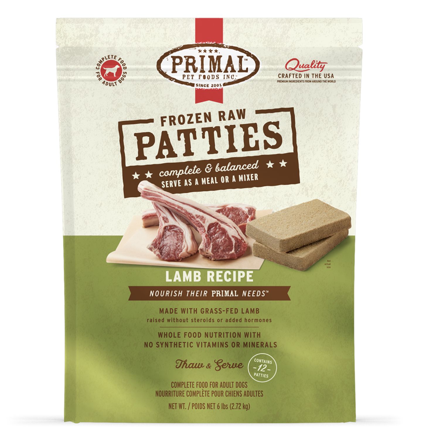 Primal Dog Frozen Raw Lamb, Size: Patties 6lb