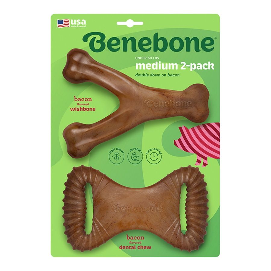 Benebone Dog Dental Chew &amp; Wishbone Bacon Medium 2 Pack