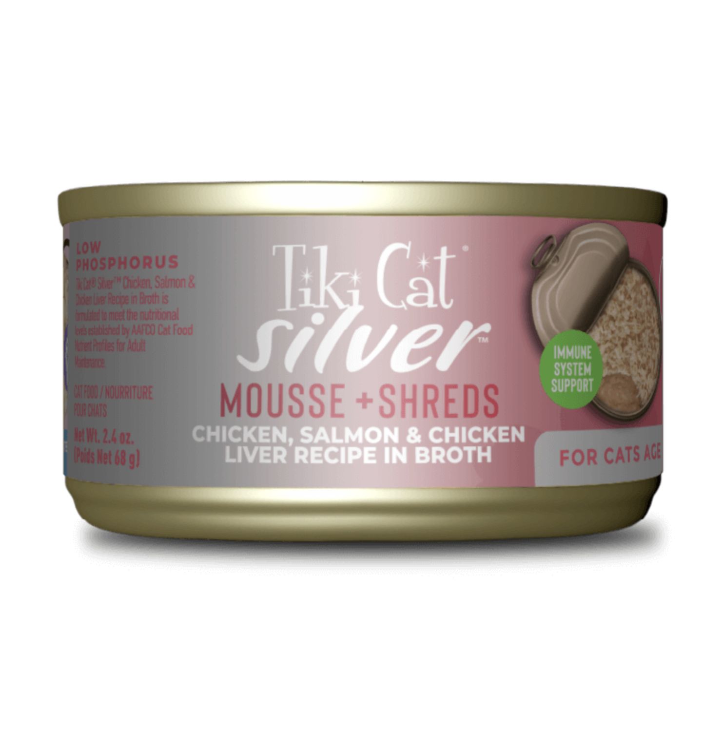 Tiki Cat Silver Mousse &amp; Shreds Chicken, Salmon &amp; Chicken Liver 2.4oz