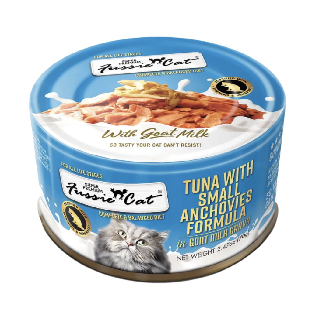 Fussie Cat Tuna &amp; Small Anchovies in Goat Milk Gravy Can 2.47oz