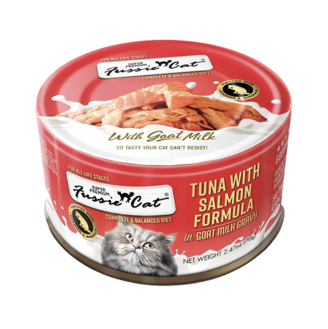Fussie Cat Tuna &amp; Salmon in Goat Milk Gravy Can 2.47oz