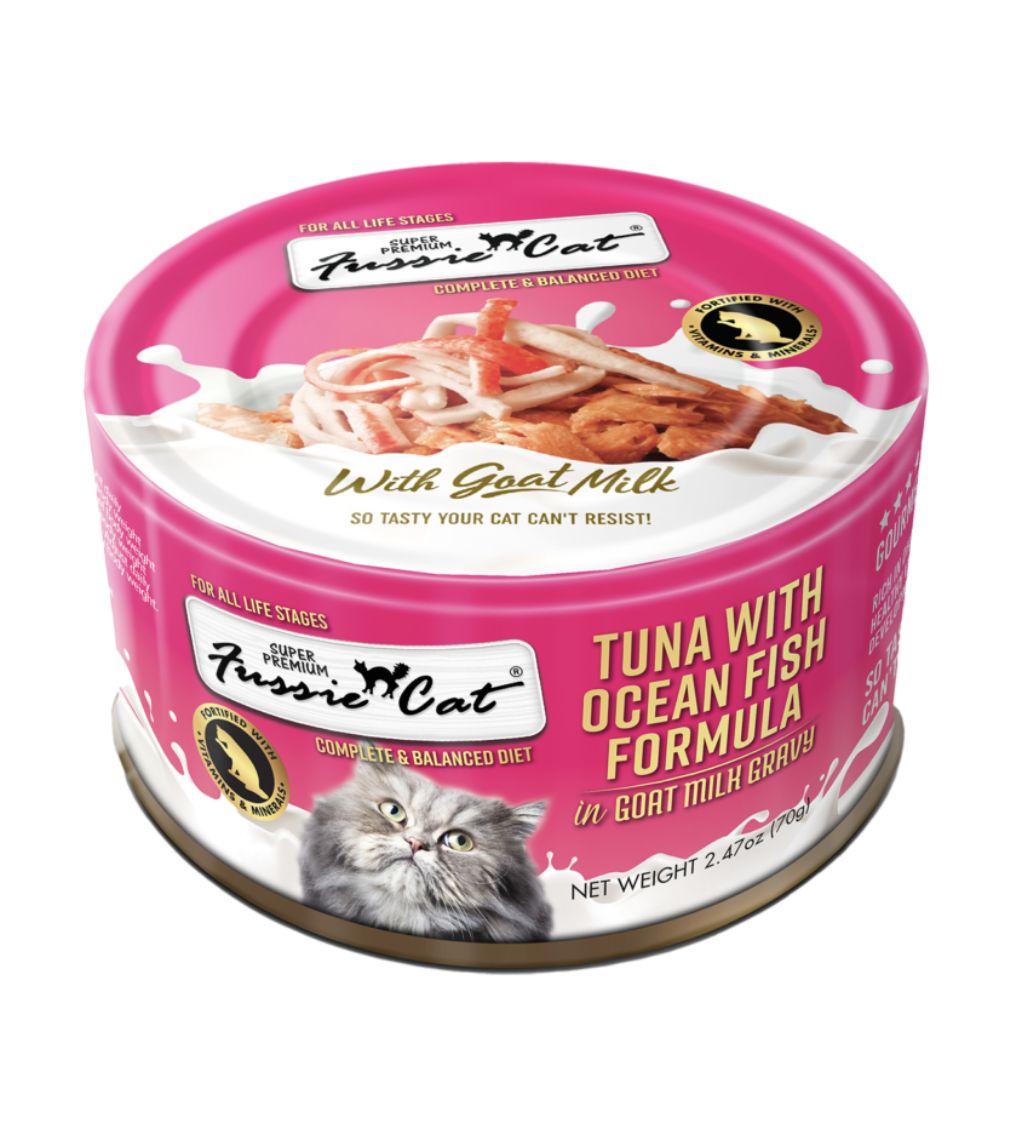 Fussie Cat Tuna &amp; Ocean Fish in Goat Milk Gravy Can 2.47oz