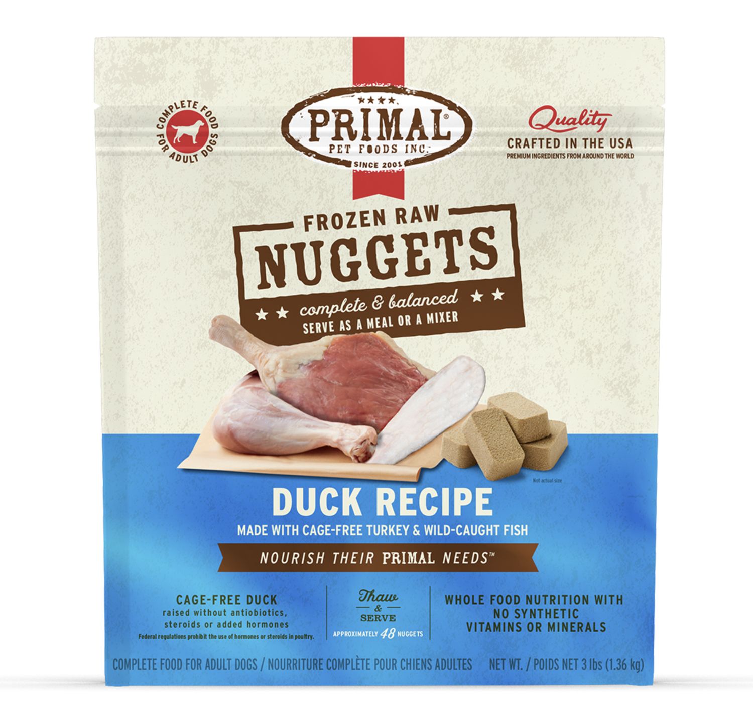 Primal Dog Frozen Raw Duck, Size: 3lb Nuggets
