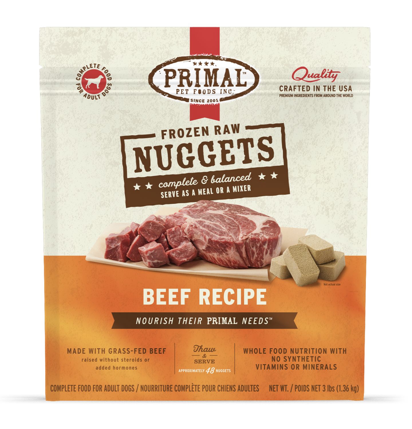 Primal Dog Frozen Raw Beef, Size: 3lb Nuggets