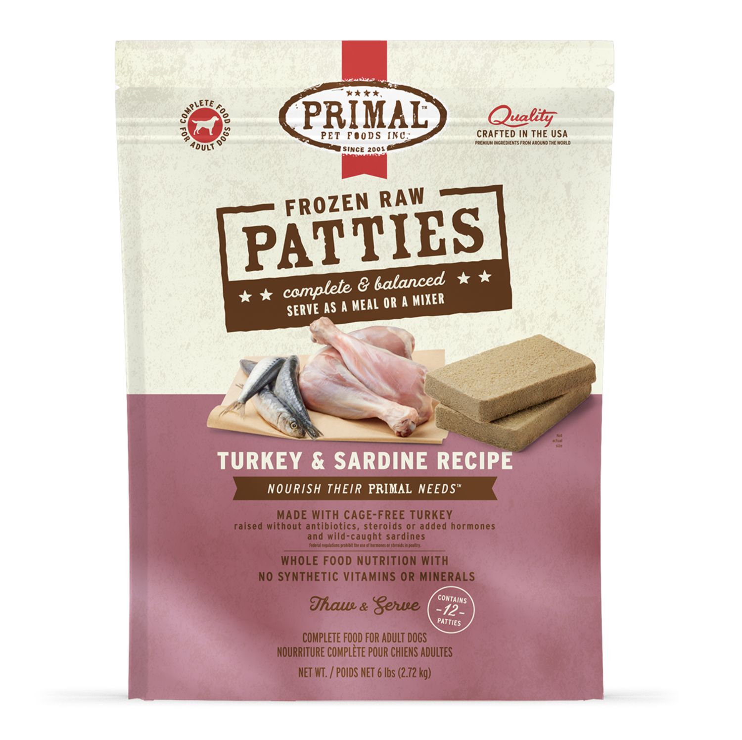 Primal Dog Frozen Raw Turkey &amp; Sardine, Size: 6lb Patties