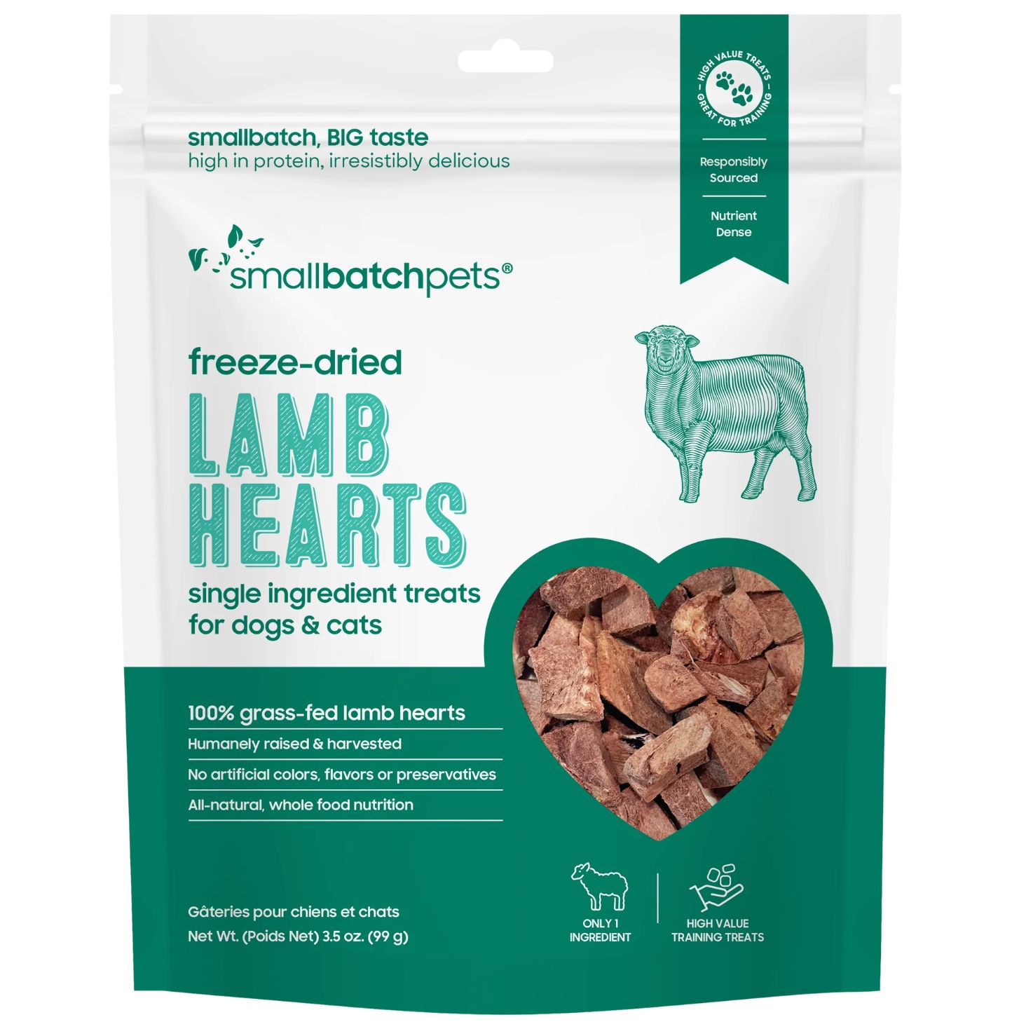 Small Batch Dog &amp; Cat Freeze-Dried Treats Lamb Hearts 3.5oz