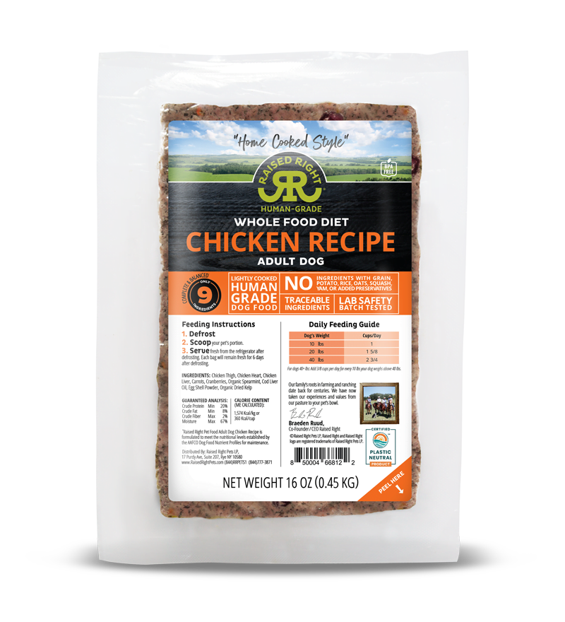 Raised Right Dog Frozen Adult Chicken, Size: 1 lb