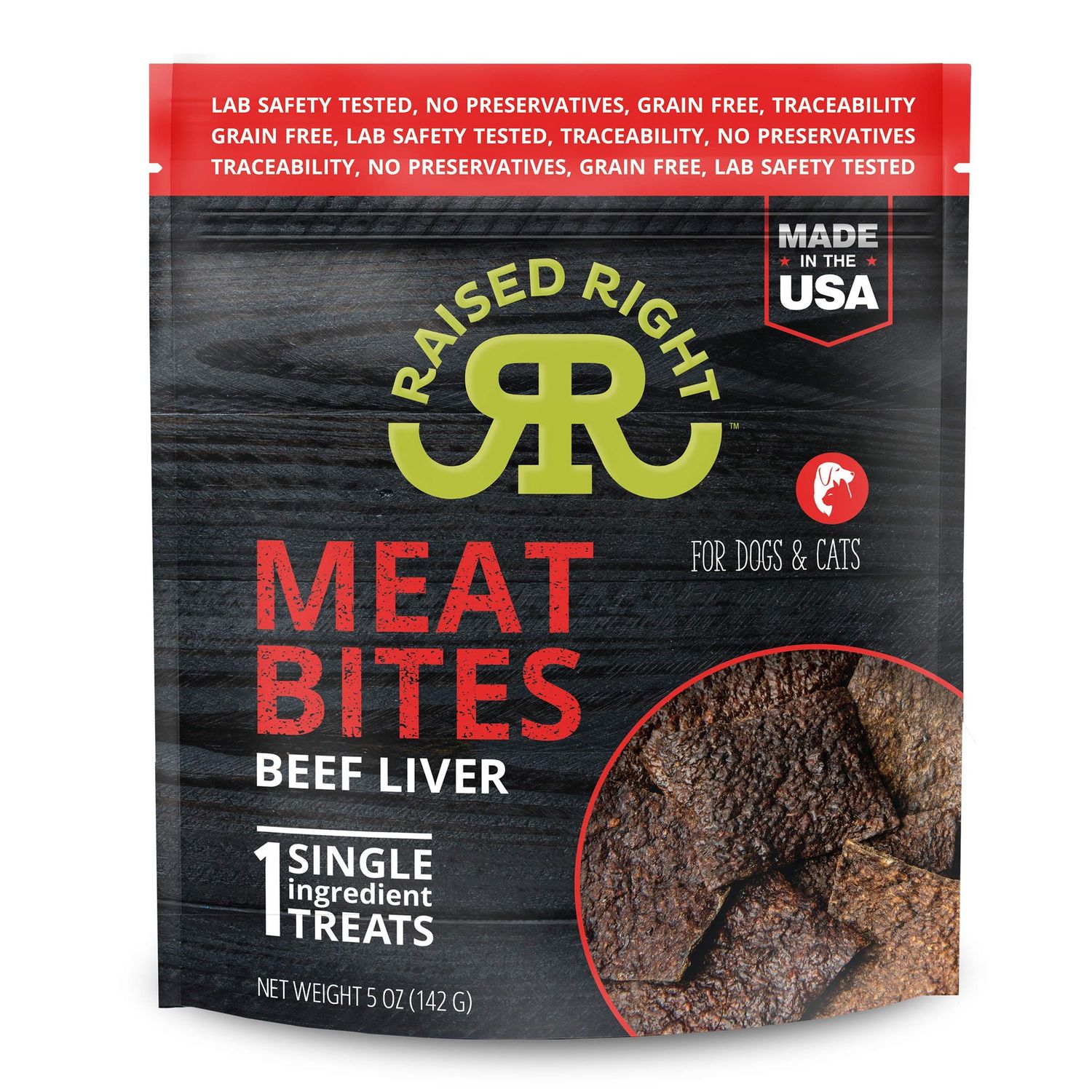 Raised Right Dog &amp; Cat Meat Bites 5oz, Flavor: Beef