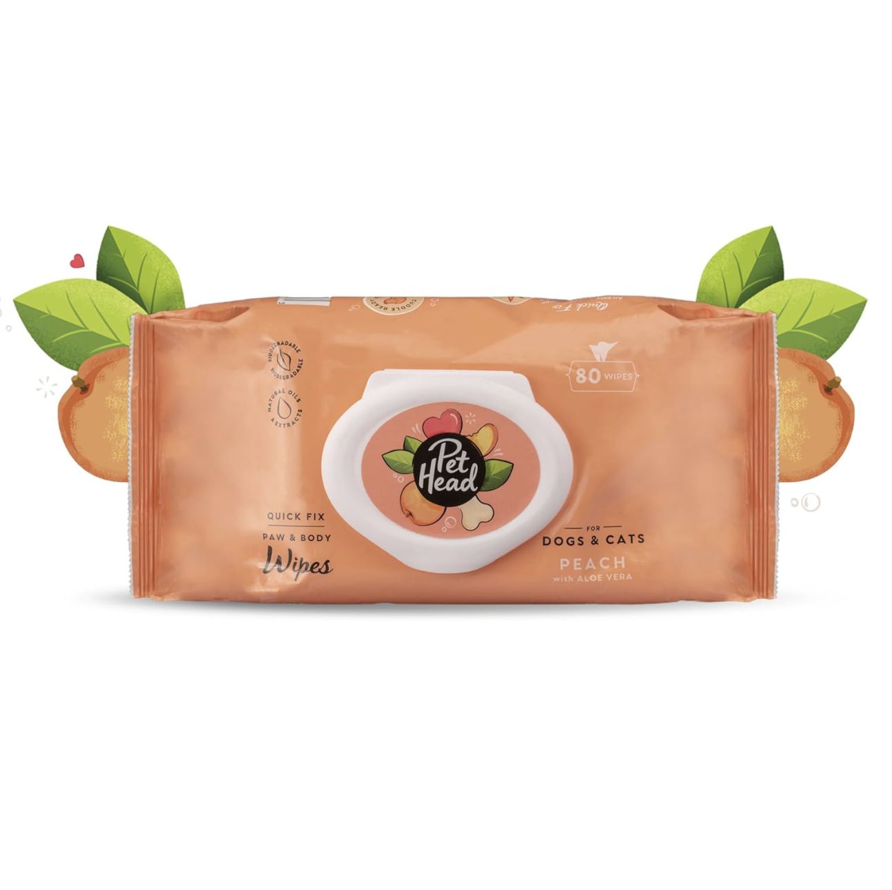 Pet Head Dog &amp; Cat Quick Fix Paw &amp; Body Wipes Peach 80ct