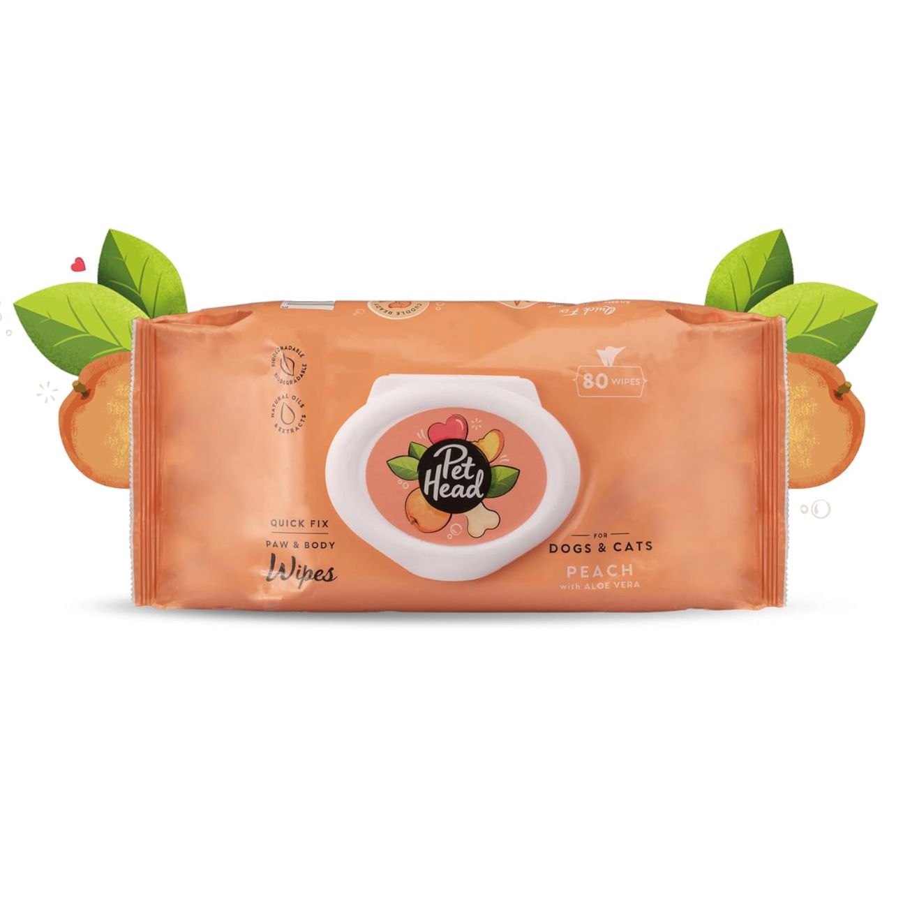 Pet Head Dog &amp; Cat Quick Fix Paw &amp; Body Wipes Peach 80ct