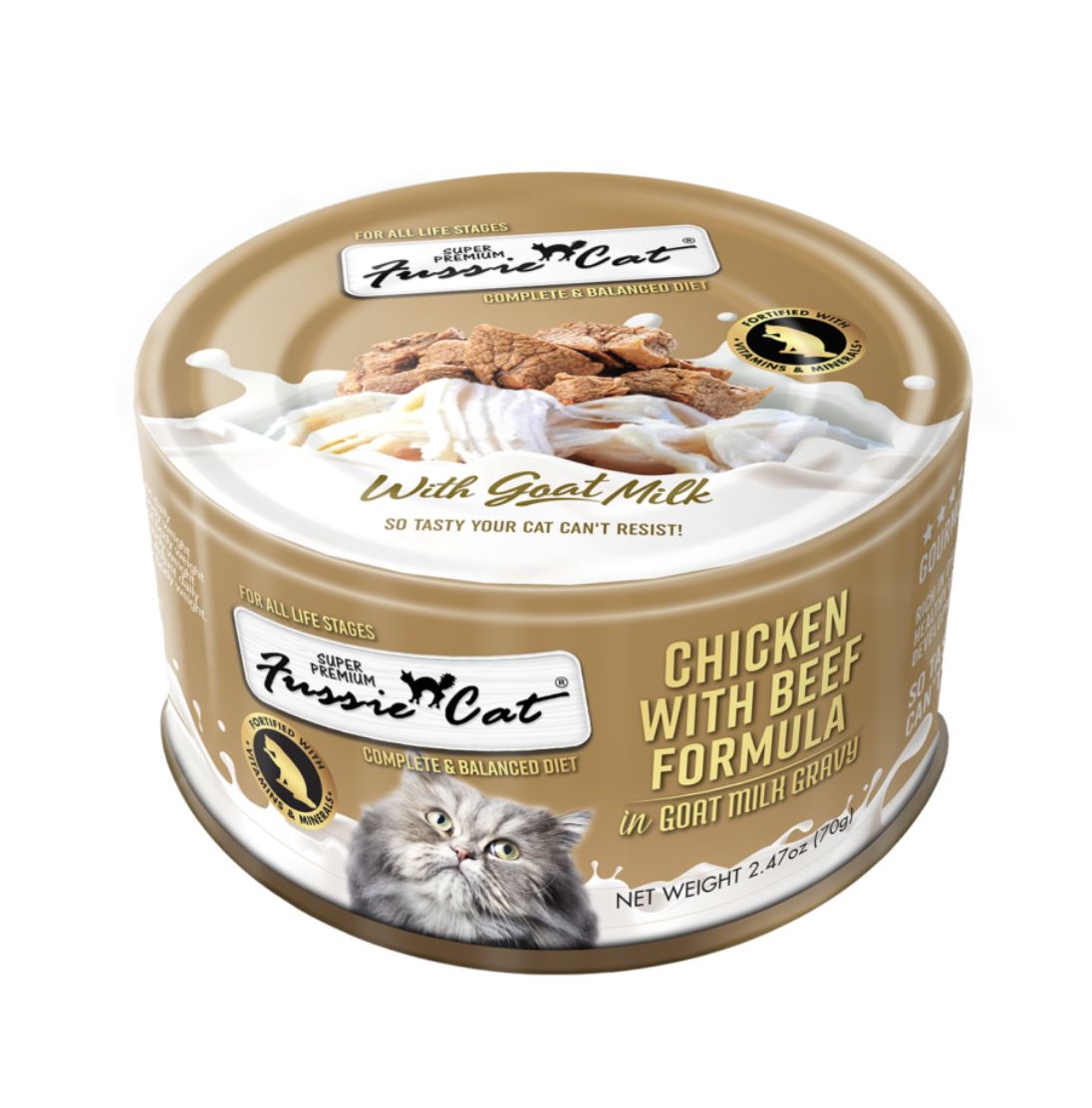 Fussie Cat Chicken &amp; Beef in Goat Milk Gravy Can 2.47oz