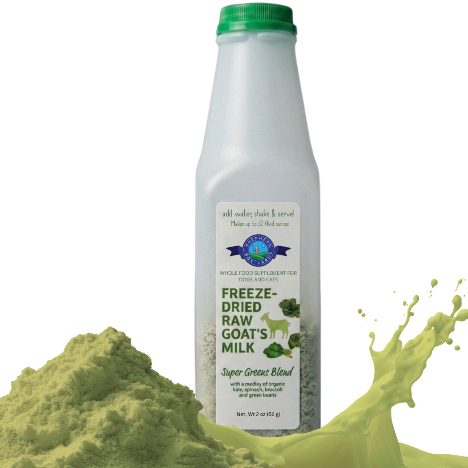 Shepherd Boy Farms Dog &amp; Cat Freeze-Dried Raw Goat Milk Super Green Blend, Size: 32oz