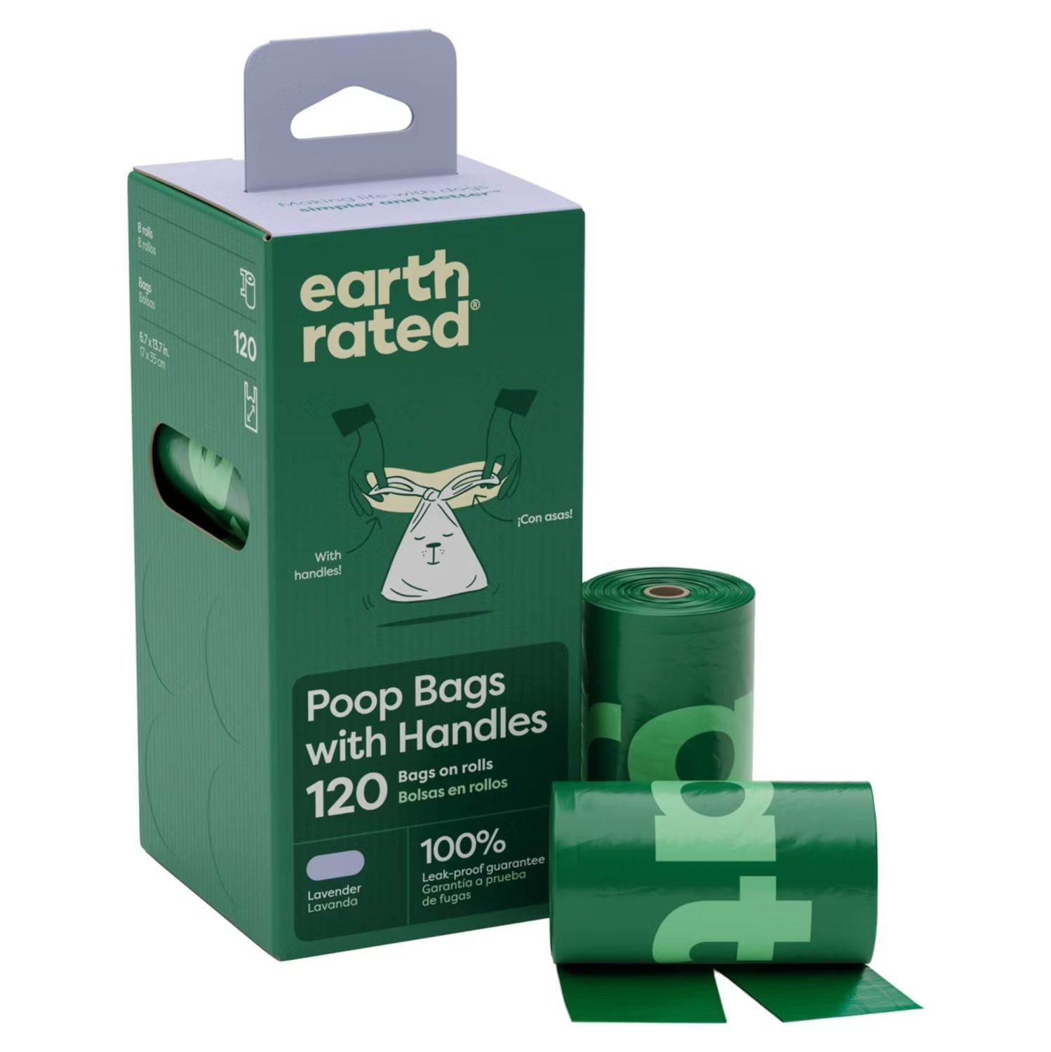 Earth Rated Dog Poop Bags with Handles 120 Bags/8 Rolls, Flavor: Lavender