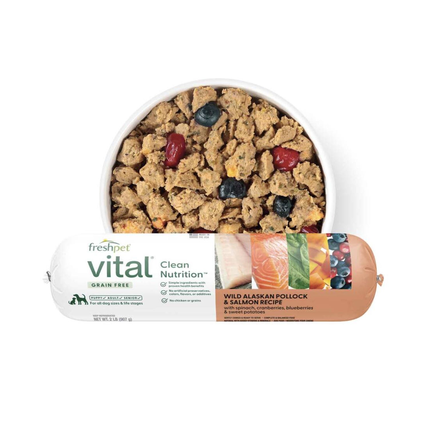 FreshPet Dog Vital Wild Alaskan Pollock &amp; Salmon with Spinach, Cranberries, Blueberries &amp; Sweet Potatoes Roll 2lb