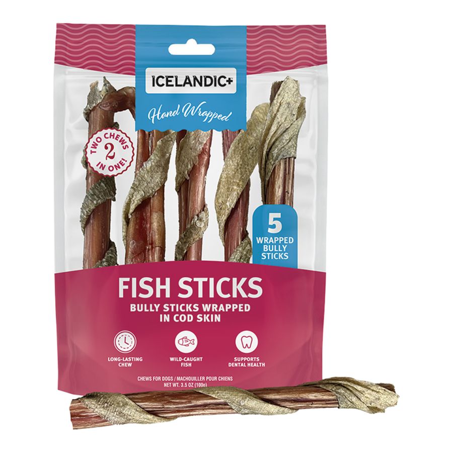 Icelandic Dog Bully Stick Wrapped with Fish Skin, Size: 6'' 5 Pack