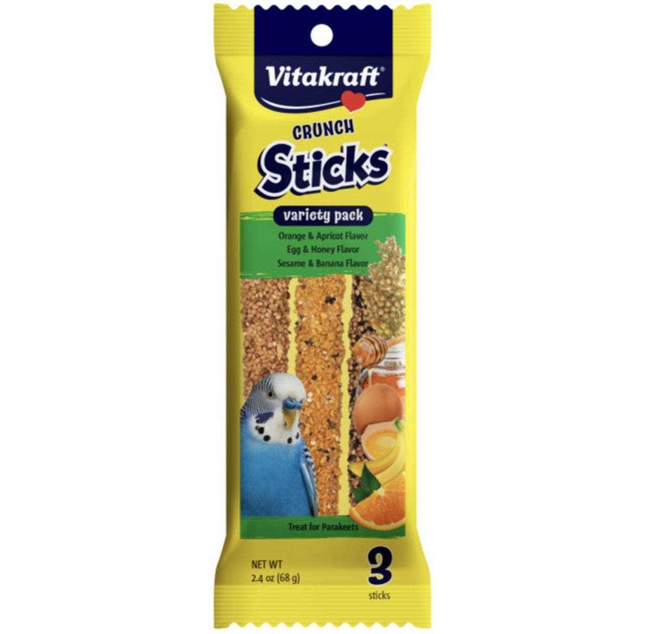 Vitakraft Crunch Sticks Parakeet Variety Pack 3pk 2.4oz, Flavor: Orange &amp; Apricot / Egg &amp; Honey / Sesame &amp; Banana
