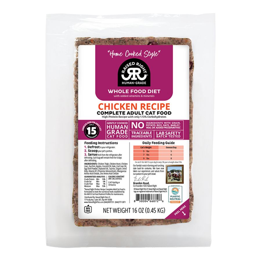 Raised Right Cat Frozen Adult Chicken 1lb New Formula!