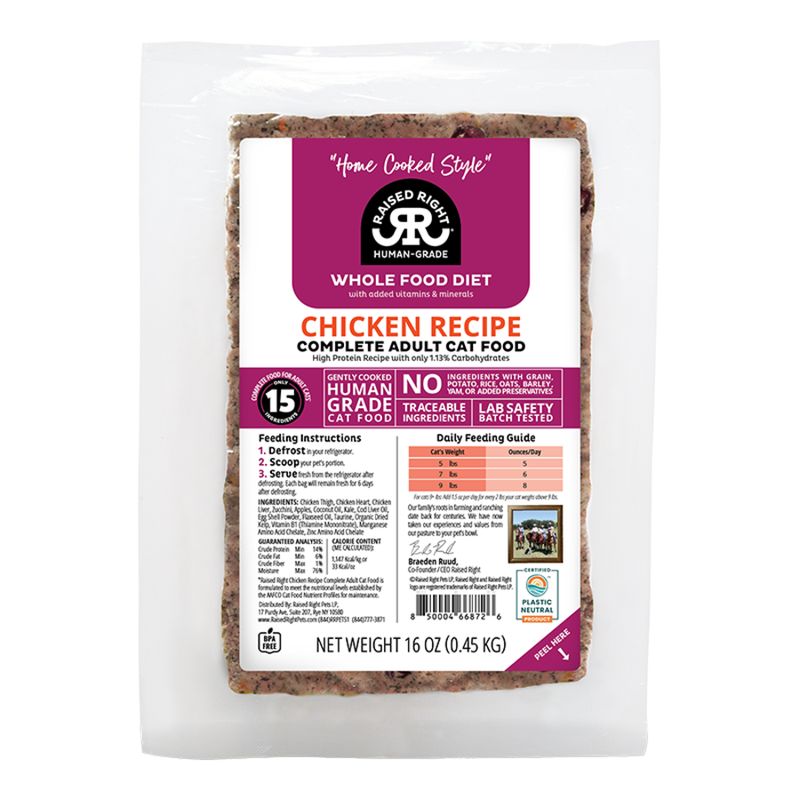 Raised Right Cat Frozen Adult Chicken 1lb New Formula!