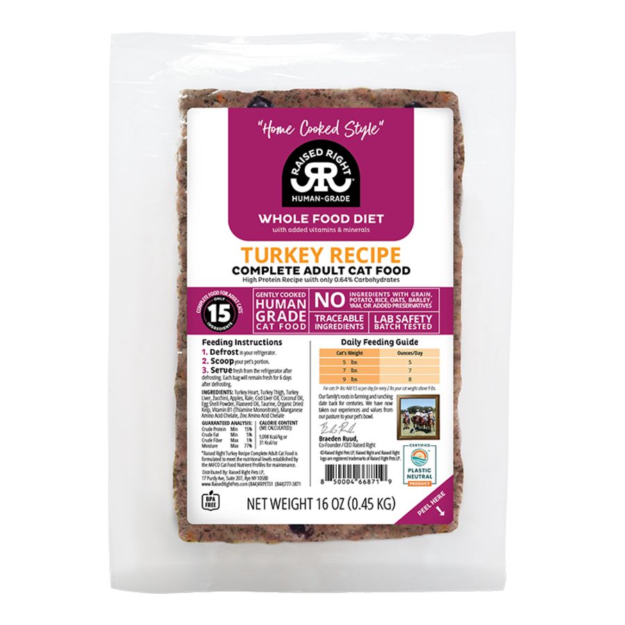 Raised Right Cat Frozen Adult Turkey 1lb New Formula!