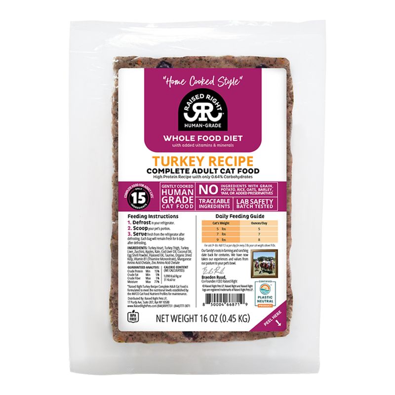 Raised Right Cat Frozen Adult Turkey 1lb New Formula!
