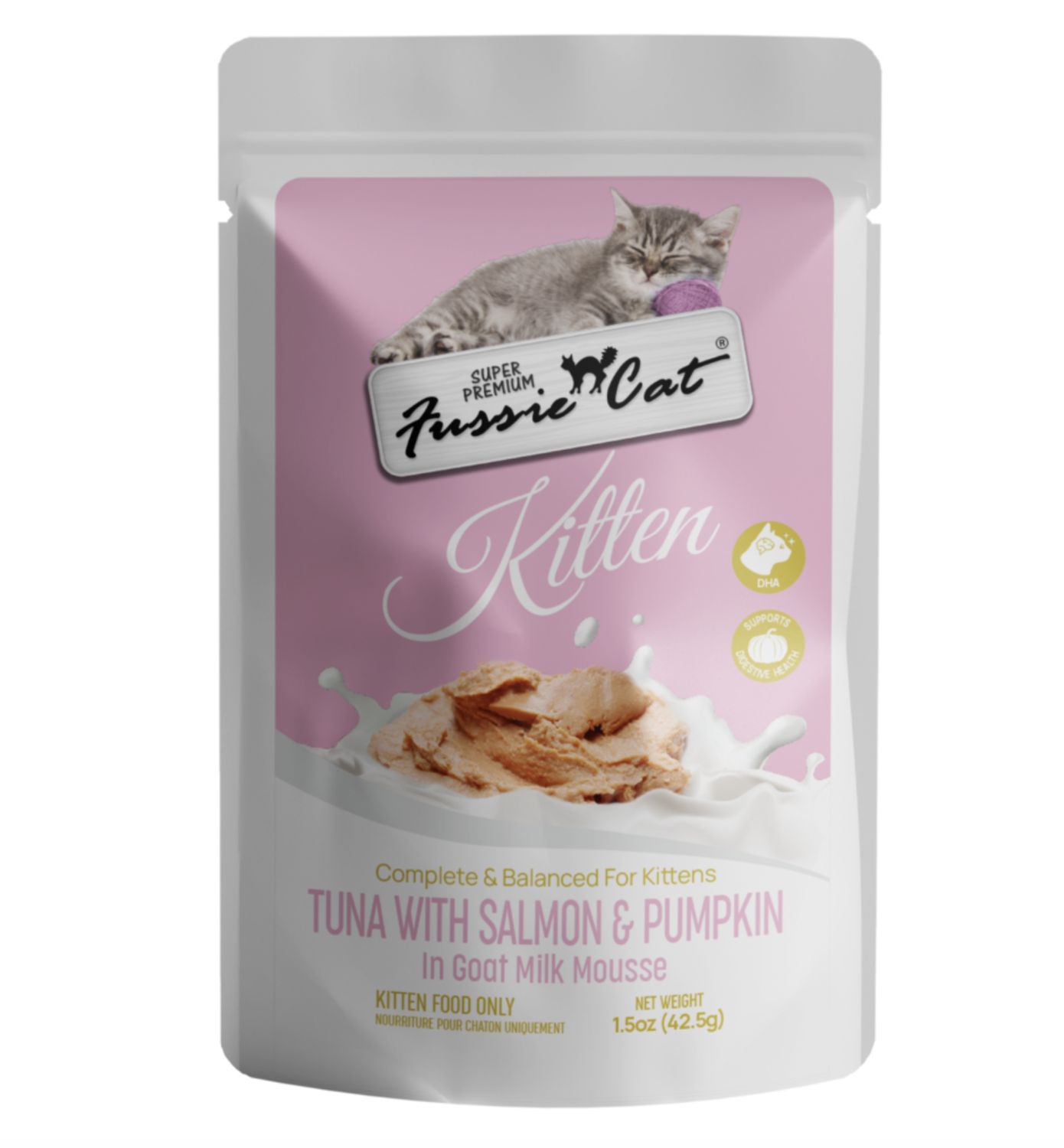 Fussie Cat Kitten Tuna, Salmon &amp; Pumpkin in Goat Milk Mousse Pouch 1.5oz