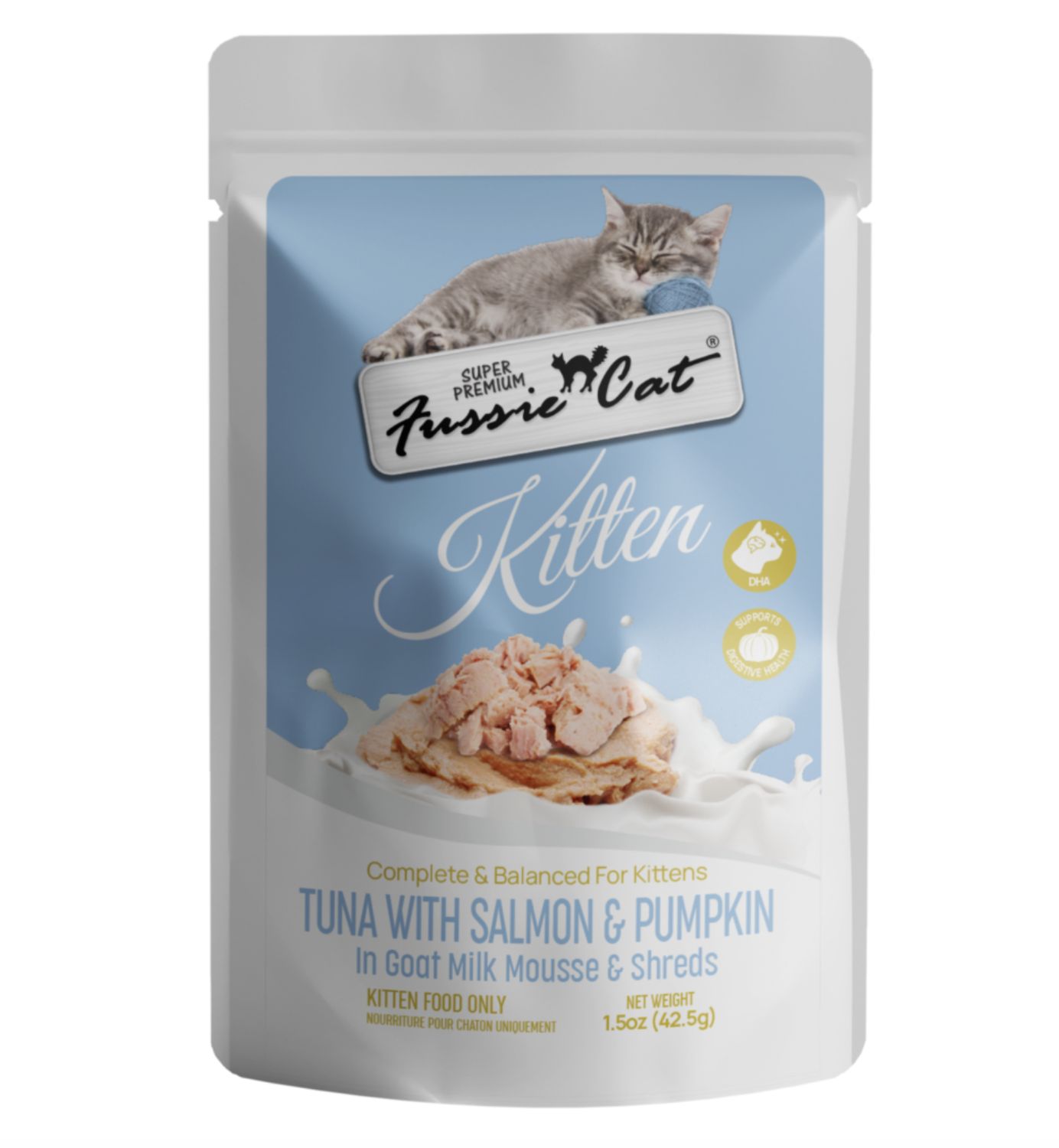 Fussie Cat Kitten Tuna, Salmon &amp; Pumpkin in Goat Milk Mousse &amp; Shreds Pouch 1.5oz