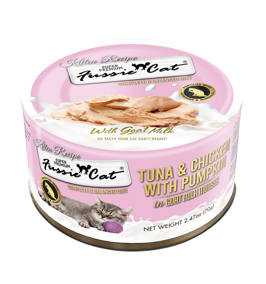 Fussie Cat Kitten Tuna, Chicken &amp; Pumpkin in Goat Milk Mousse Can 2.47oz