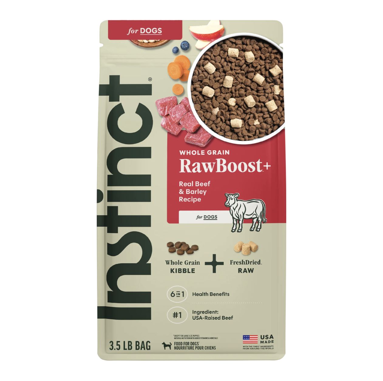 Instinct Dog RawBoost+ Whole Grain Beef &amp; Barley Kibble, Size: 3.5lb
