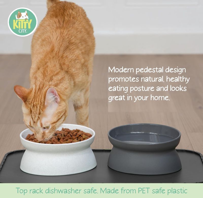 Kitty City Raised Cat Bowl Set Grey &amp; White 2 Pack 6.5oz