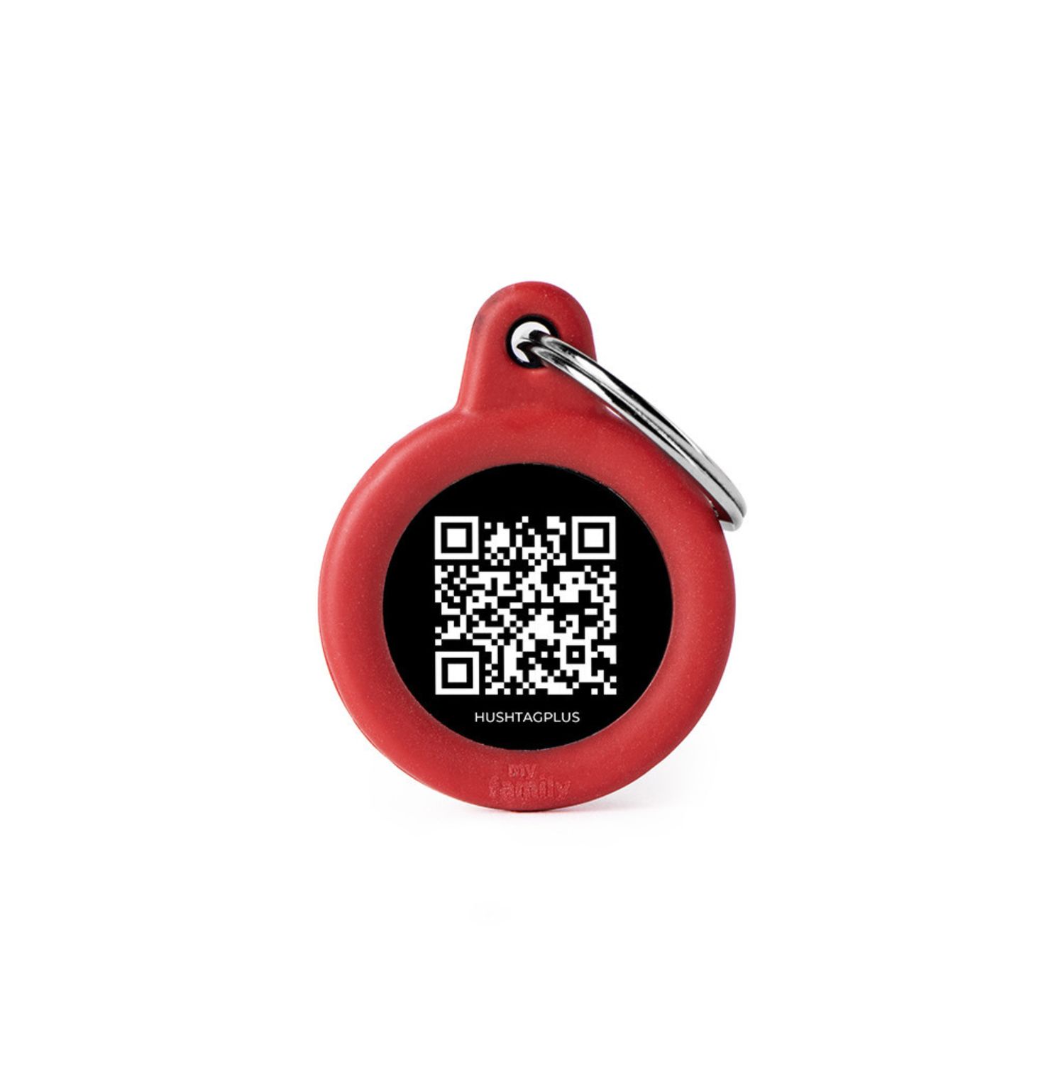 My Family Dog Tag Hushtag Plus QR Code Circle with Rubber, Color: Red, Size: Small