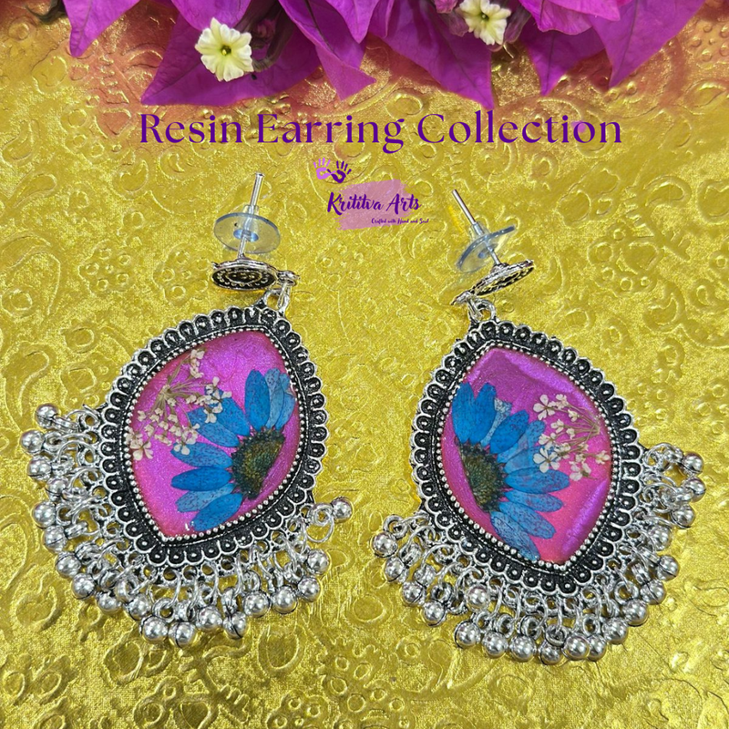 ​Handmade Resin Floral Earrings – Ethnic Boho Statement Jewelry 🌿💙✨