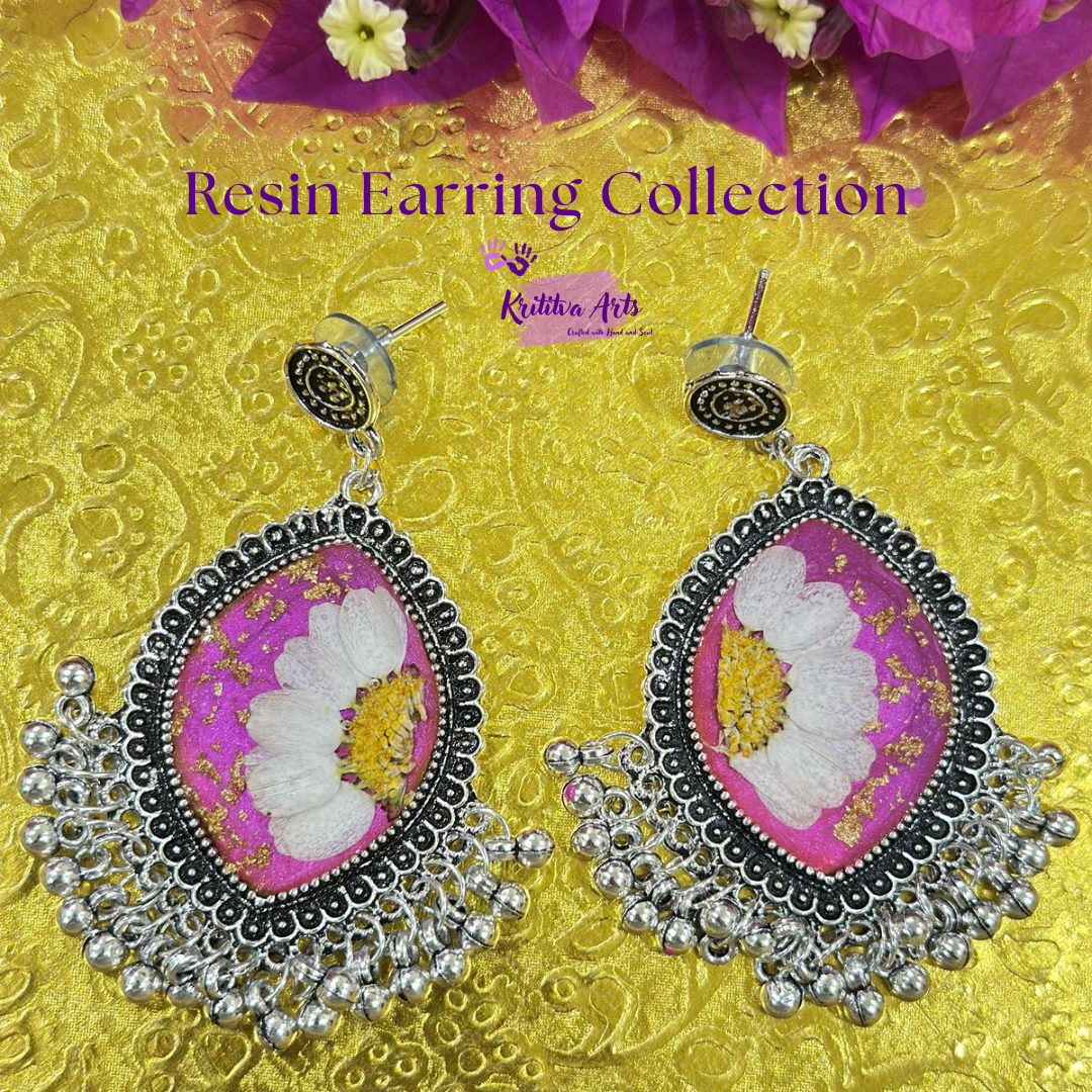 ​Handmade Resin Floral Earrings – Ethnic Boho Statement Jewelry 🌿🤍✨
