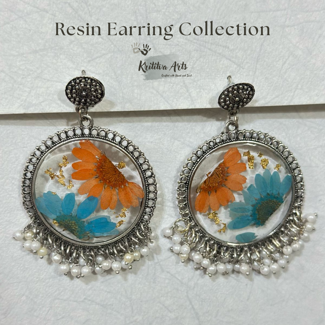 ​Handmade Resin Floral Earrings – Ethnic Boho Statement Jewelry 🌿🧡💙✨