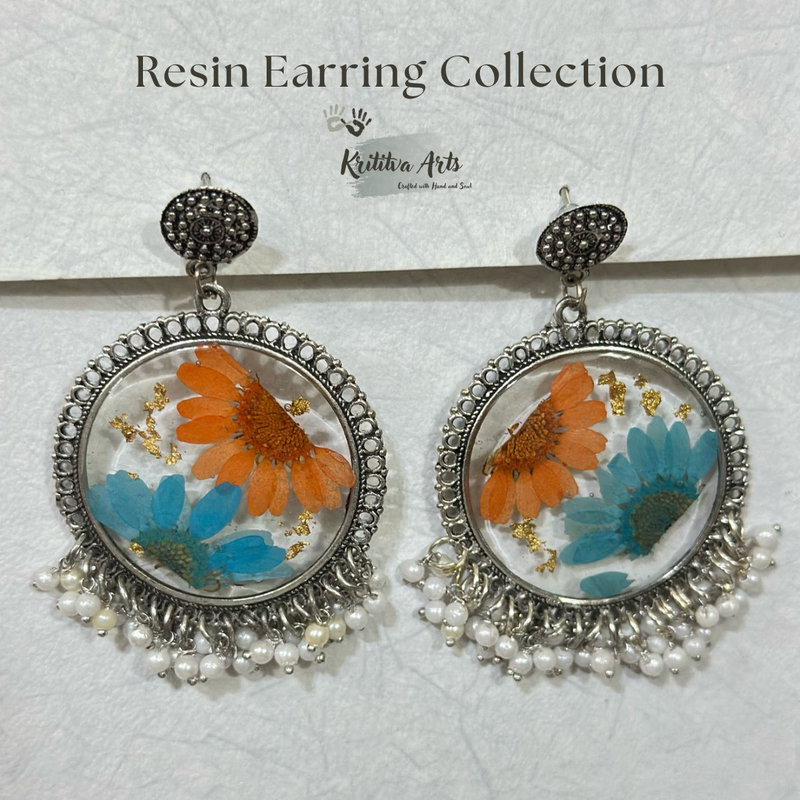 ​Handmade Resin Floral Earrings – Ethnic Boho Statement Jewelry 🌿🧡💙✨