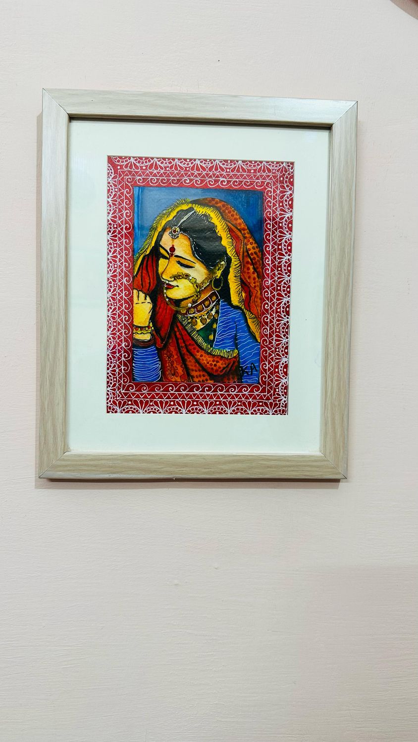 ​Handcrafted Painting – Pahadi Woman in Traditional Attire, A Portrait of Himalayan Grace 🎨✨