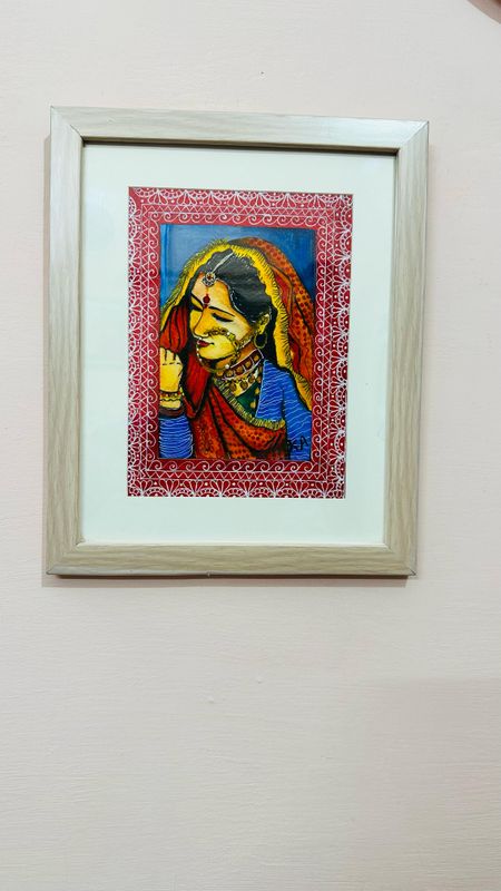 ​Handcrafted Painting – Pahadi Woman in Traditional Attire, A Portrait of Himalayan Grace 🎨✨