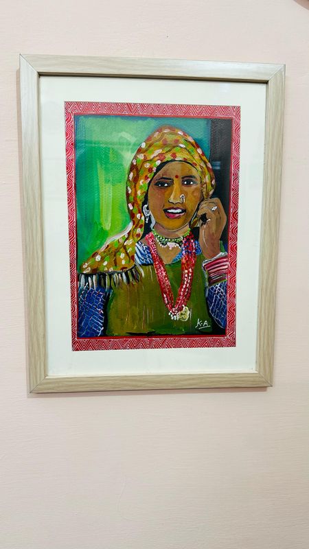 Handcrafted Painting – Pahadi Woman in Traditional Scarf, A Portrait of Everyday Grace 🎨✨
