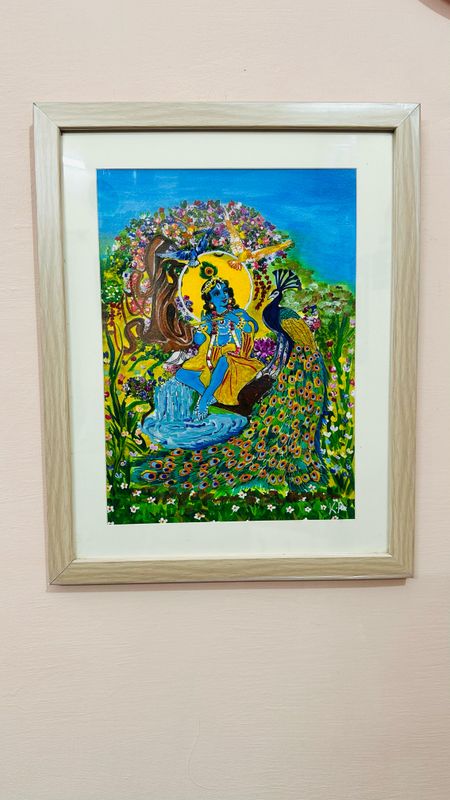 ​Handcrafted Painting – Lord Krishna Playing the Flute in Nature 🎨✨