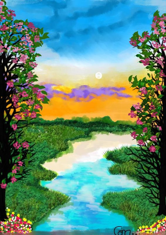 ​Serene Digital Landscape – A Vivid Sunset by the River 🌅✨