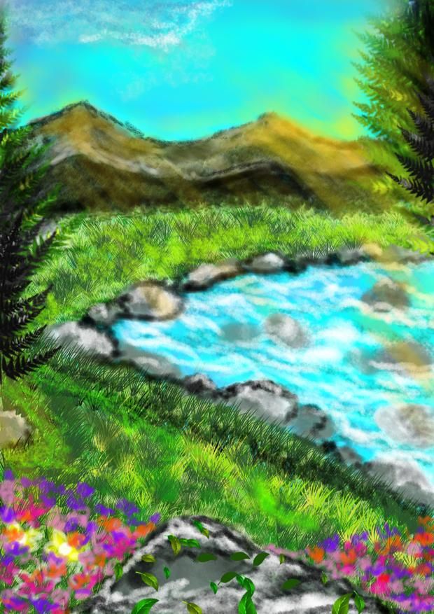 ​Handcrafted Digital Portrait – A Tranquil River Amidst Lush Meadows 🏞️✨