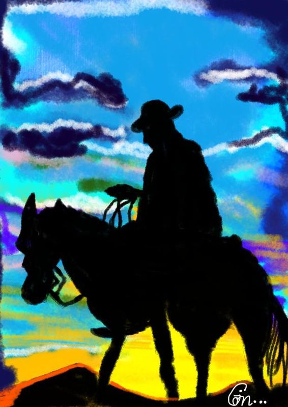 ​Handcrafted Digital Portrait – Lone Rider Beneath a Colorful Sky 🌅🐎