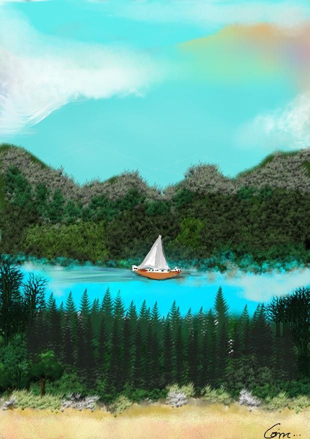 Handcrafted Digital Portrait – Sailboat Serenity on a Crystal Lake ⛵✨