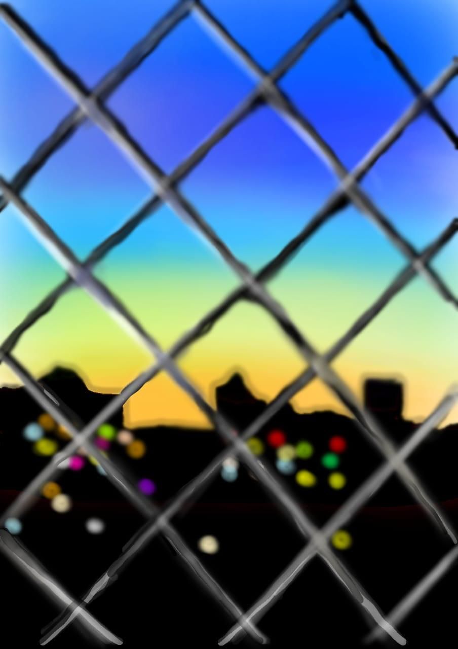 ​Handcrafted Digital Portrait – Urban Sunset Through the Wire 🌆✨