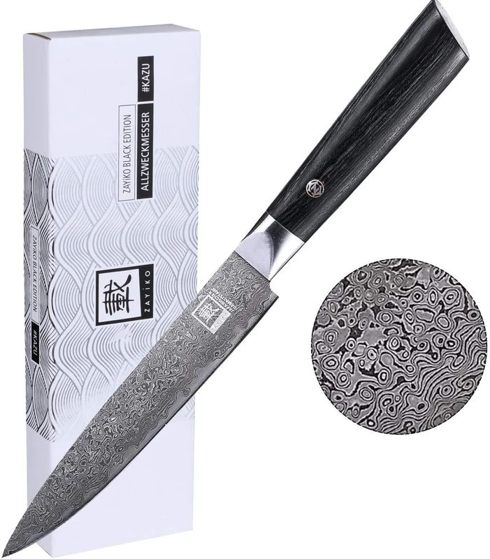 Zayiko Damast Allzweckmesser | Klinge 13,00 cm | Pakkaholzgriff und schwarzer Damaststahl | Serie Black Edition