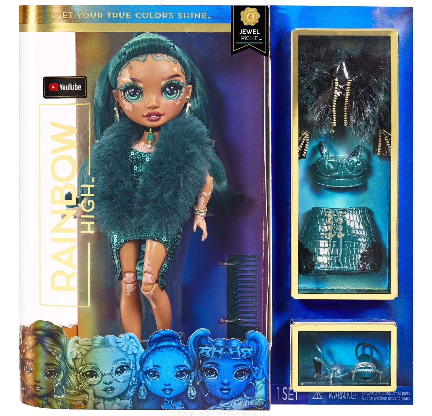 Rainbow High Jewel Richie (Emerald) lalka Fashion Doll dwa zestawy ubranek 578314 seria 4